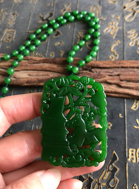 马牌项链外蒙料节节升吊坠男女镂空雕刻马吊坠菠菜绿挂件