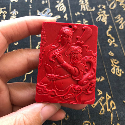 帝王红手工雕刻霸气大刀关公玉牌项链天然朱砂武财神项链