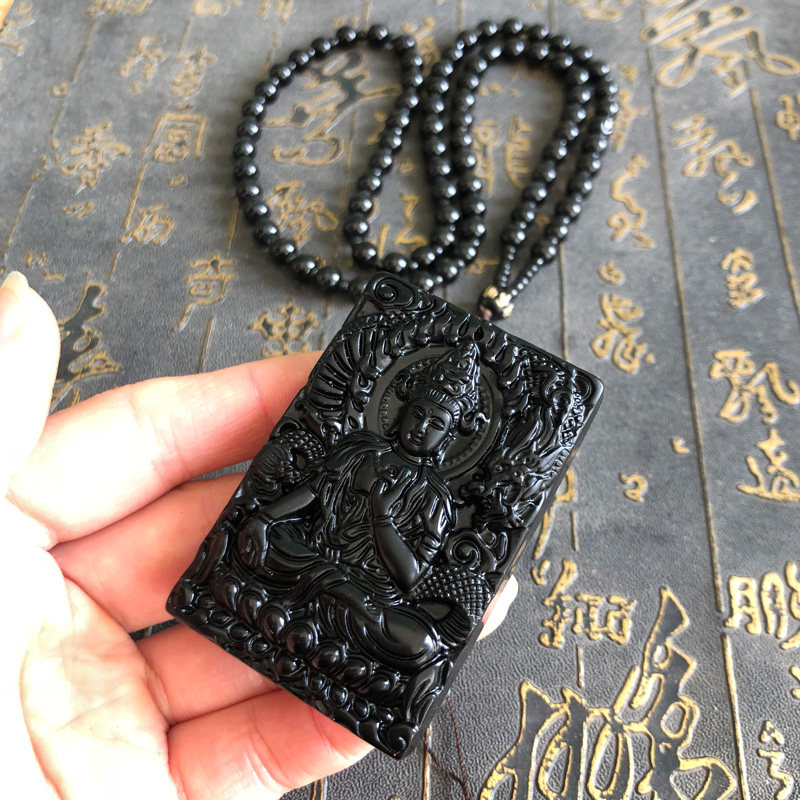 坐莲花观音玉牌项链天然黑曜石降龙观音菩萨吊坠情侣挂件送证书