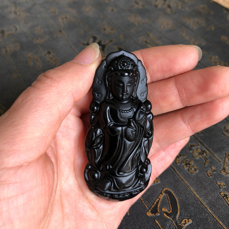 莲花站观音挂件天然黑曜石吊坠男女玉石项链南海玉观音毛衣链证书