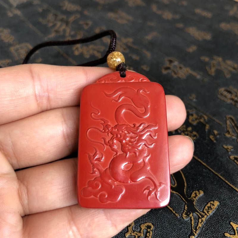 台湾原色朱砂生肖龙玉牌吊坠玄龙望尊玉佩项链送证书