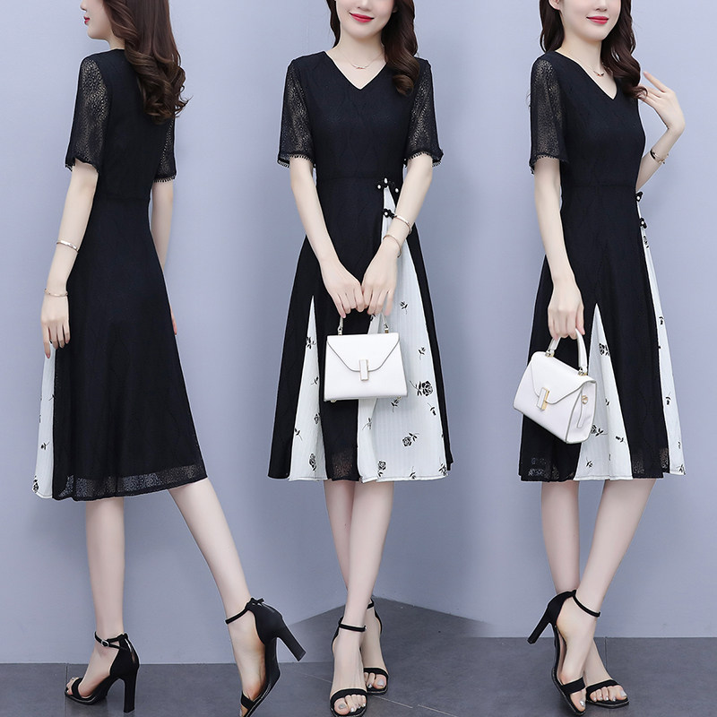 PF5835#夏装新款大码女装胖妹妹气质蕾丝拼接简约优雅连衣裙女裝貨源服裝批發