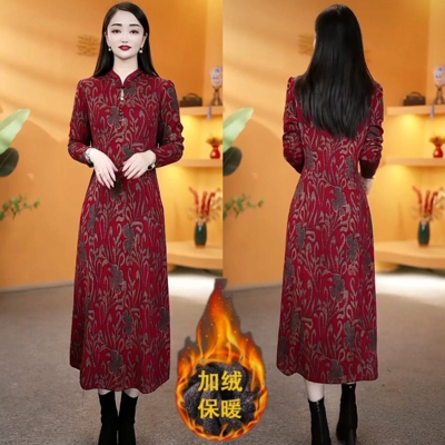 时尚妈妈冬季加绒连衣裙女2025秋冬改良新款长袖洋气复古旗袍裙子