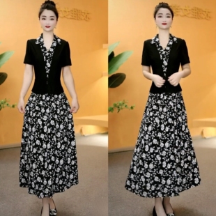 中年洋气裙子女新款冰丝缎翻领短袖假两件显瘦显高连衣裙大码宽松