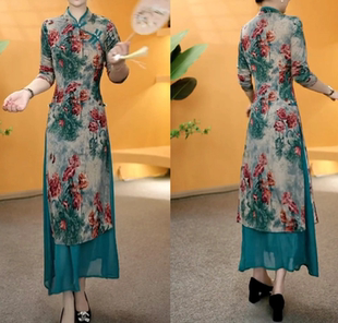 贵夫人新中式冰羽丝高档旗袍裙加桑丝纱半身裙两件套复古长袖裙子