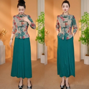 春秋新款长袖六盘扣假两件连衣裙40岁大码遮肉显瘦中长款宽松裙子