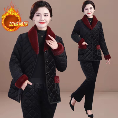 妈妈冬装棉衣棉裤套装中老年人加绒加厚保暖居家服女装棉袄两件套
