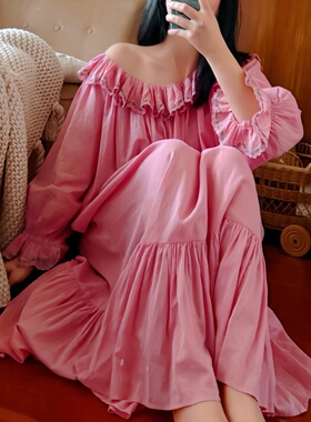法式纯棉甜美睡裙女春秋长袖蕾丝性感宫廷公主纯欲睡衣2026新款