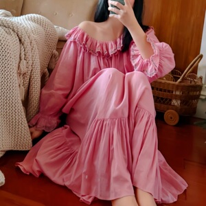 法式纯棉甜美睡裙女春秋长袖蕾丝性感宫廷公主纯欲睡衣2026新款
