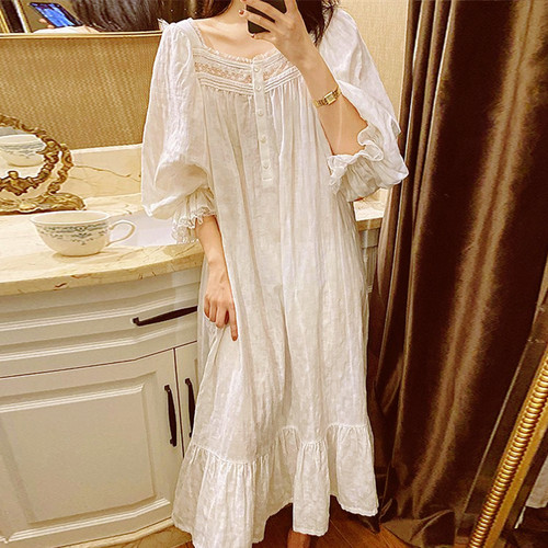 法式宫廷风纯棉长袖睡裙女白色