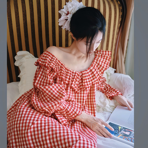 法式复古格子新款长袖纯棉睡裙女