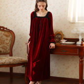 高级宫廷睡裙女长款 长裙红色 睡袍女款 脚踝性感金丝绒睡衣法式 长袖