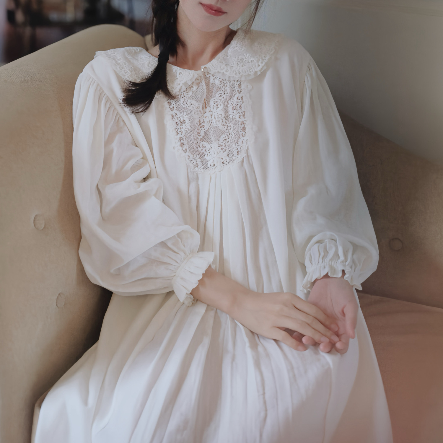 温柔又浪漫~纯棉睡裙女蕾丝法式宫廷春秋长袖连衣裙外穿长款睡衣