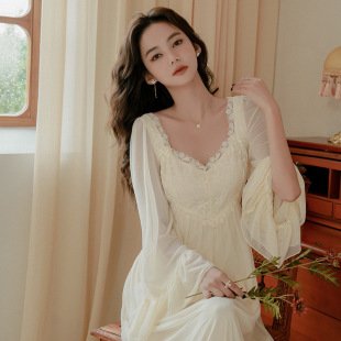法式莫代尔纯棉睡裙女春秋带胸垫长裙网纱长袖新婚晨袍甜美睡衣薄