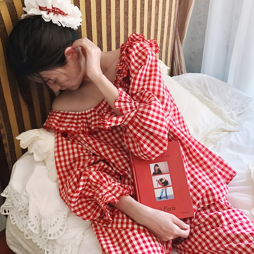 法式纯棉睡衣女款2026新款春秋红色格子甜美公主家居服可外穿套装