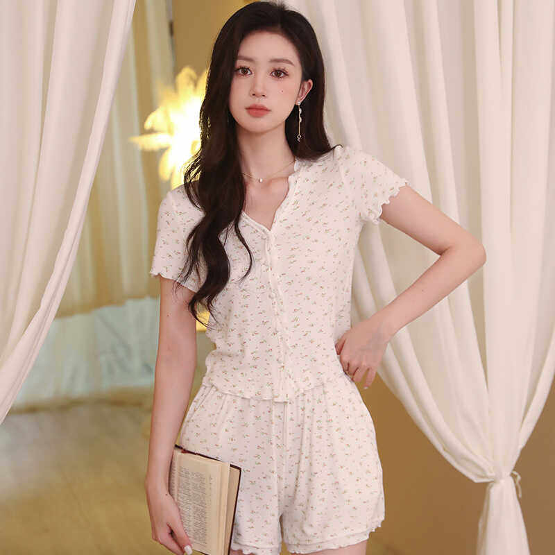 夏季甜美纯棉短袖短裤睡衣女法式纯欲风小碎花莫代尔家居服套装,女士内衣/男士内衣/家居服,睡衣/家居服套装,淘宝优惠券,粉丝福利购,淘宝优惠卷