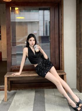 SHINESTING【璀璨之星】黑色经典亮片半身裙女轻奢修身显瘦包臀裙