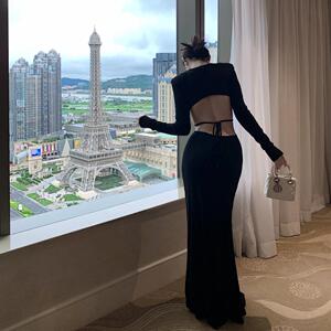 SHINESTING【暗夜精灵】黑色露背长裙女性感修身显瘦包臀连衣裙