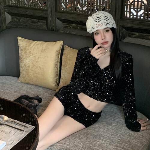 SHINESTING【欲望都市】黑色亮片套装女V领短款上衣短裤两件套