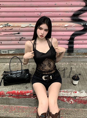 SHINESTING【欲望都市】性感辣妹风蕾丝缎面背心女透视上衣