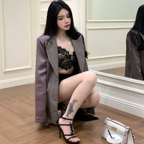 SHINESTING 高级感灰色缎面拼接西装外套女设计感小众西服上衣