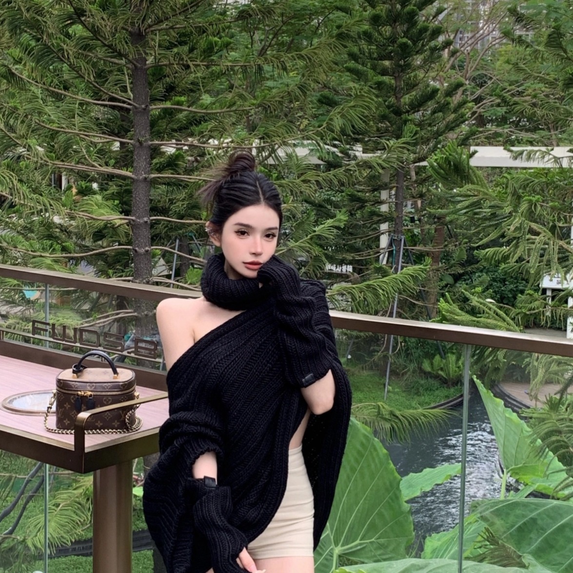 SHINESTING 暗黑系一字肩披肩毛衣+长手套+围脖三件套女针织套装