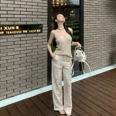 SHINESTING 老钱风针织套装女V领吊带背心镂空钩花蕾丝阔腿裤