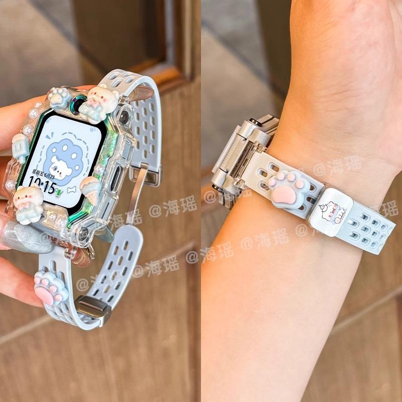 适用于华为儿童电话手表表带5x/5xpro冰淇淋小猫卡通4X网洞硅胶磁