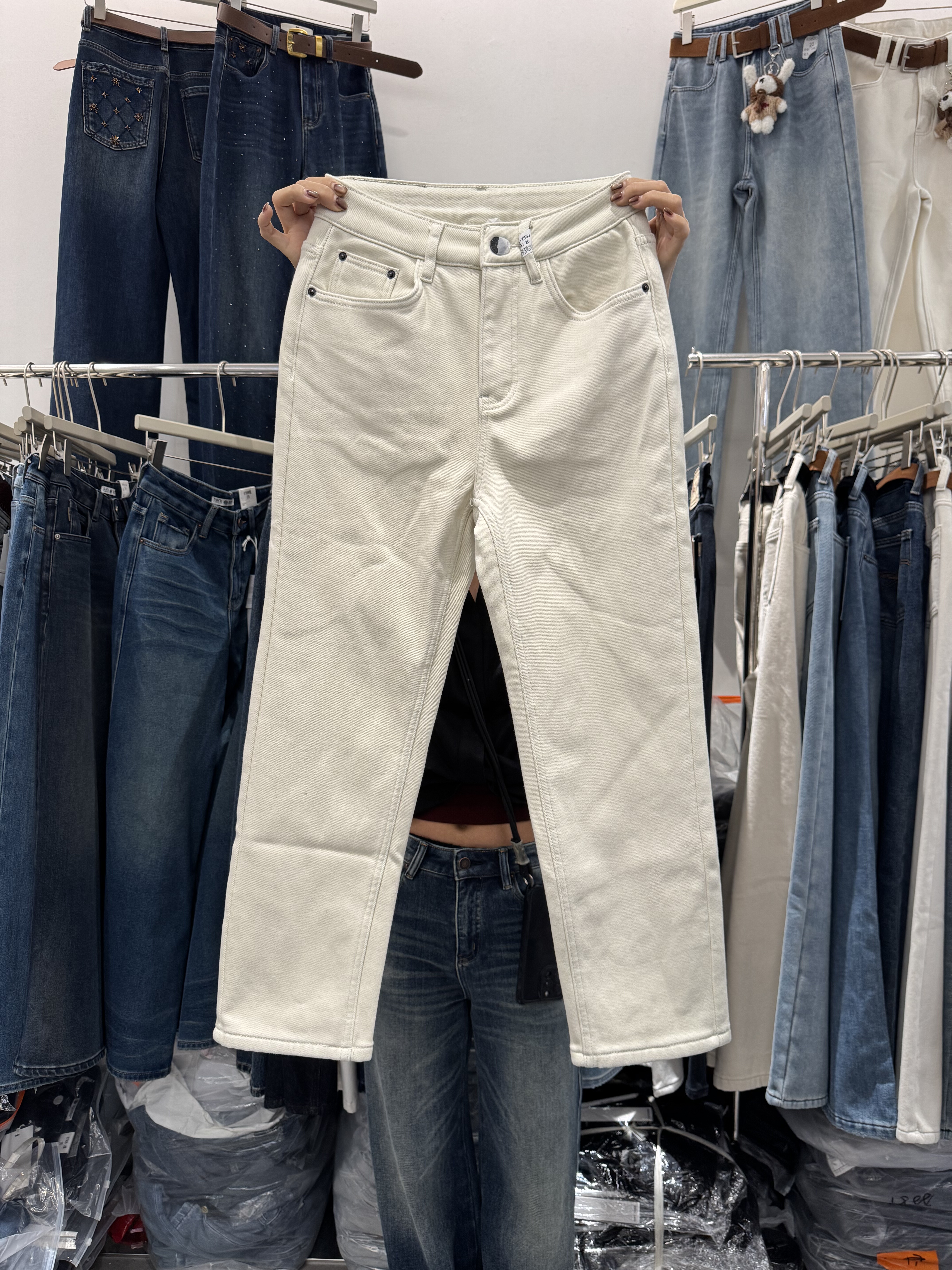 韩国2025冬季新款时尚气质百搭加厚绒九分直筒牛仔裤女弹力烟管裤