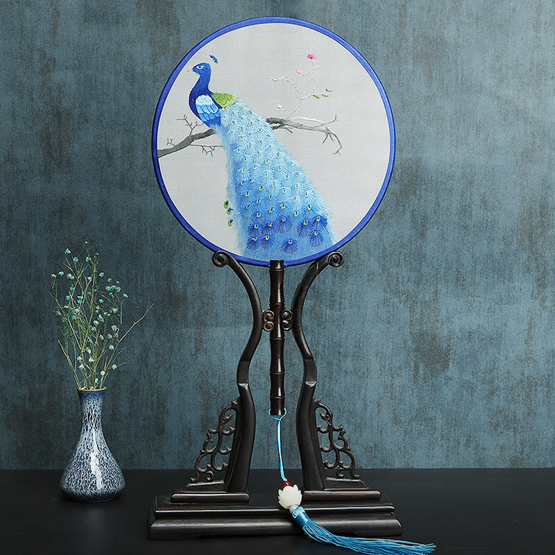 和扇堂 团扇圆扇子双面真丝手工刺绣中国风礼品扇黑檀木宫扇