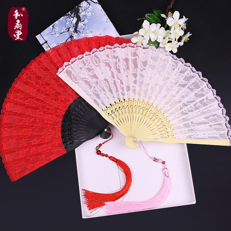 中国风7寸大红色扇子黑色双层蕾丝扇折扇子女士舞蹈扇古典古风
