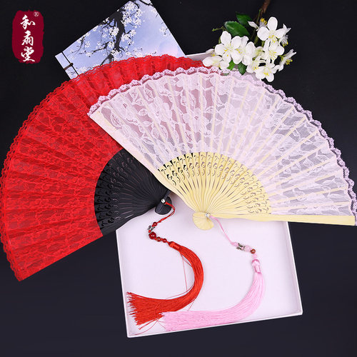 蕾丝双层扇面手工头青竹骨