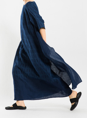 城市山民UrbanTribe女式植物蓝染苎麻印花连衣裙CF99260