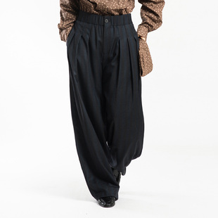 城市山民UrbanTribe2026春女式羊毛混纺色织条纹叠褶裤CF79272