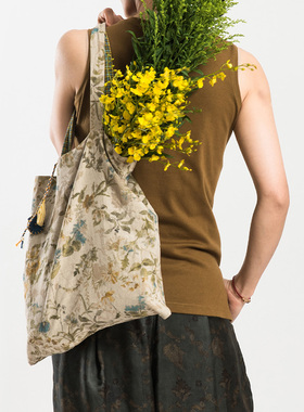 城市山民UrbanTribe女式亚麻印花双面可背单肩包AF59078