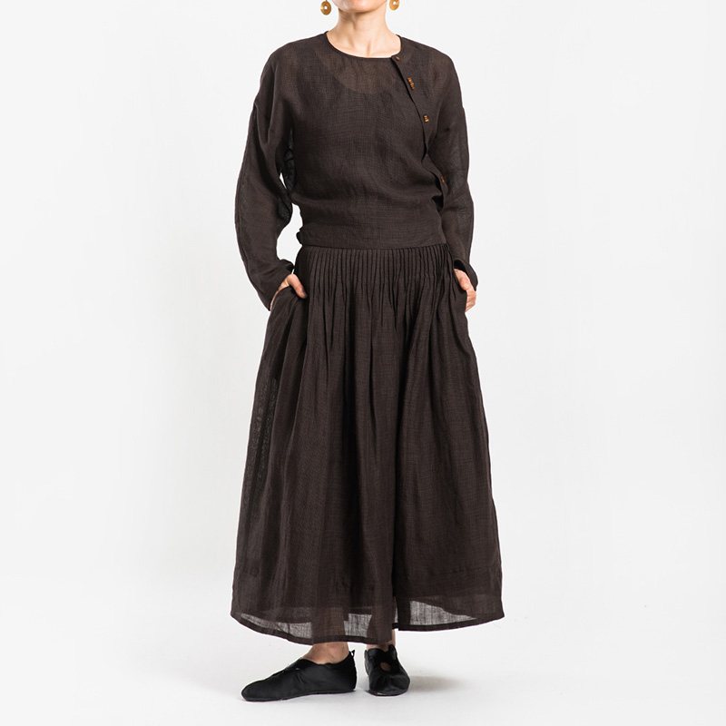 城市山民UrbanTribe2025夏女式亚麻色织格A字半裙CF89160