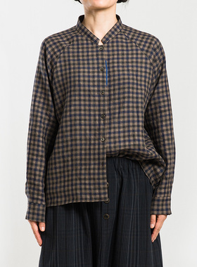 城市山民UrbanTribe2025秋女式亚麻色织格宽松衬衫CF39211