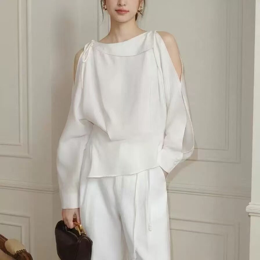 法式气质白色系带不对称露肩衬衫女夏设计感衬衣修身显瘦长袖上衣