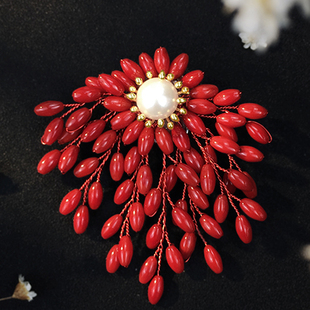 天然珍珠海竹珊瑚夸张红色胸针胸花女配饰女高档奢华气质复古大衣