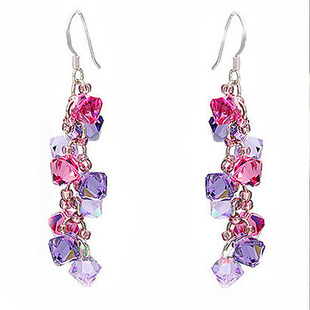 紫罗兰色粉色水晶耳环女纯银韩国长款流苏时尚气质无耳洞耳坠饰品
