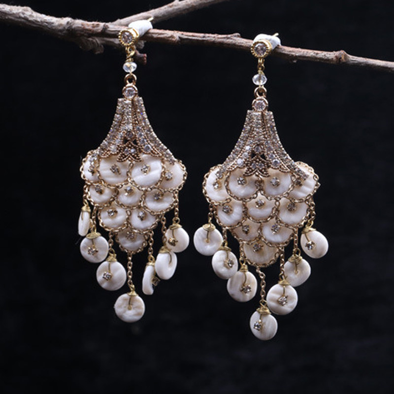 欧美夸张复古民族风珍珠贝壳水晶耳环女纯银韩国长款流苏气质耳坠