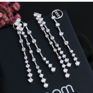 新娘婚礼闪亮水晶耳环女纯银长款韩国气质时尚流苏宴会耳坠饰品