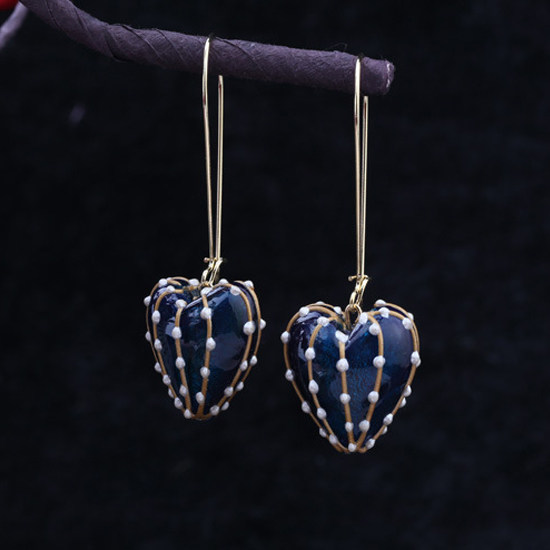 蓝色桃心复古风琉璃耳环耳坠女韩国气质长款个性百搭吊坠时尚日韩