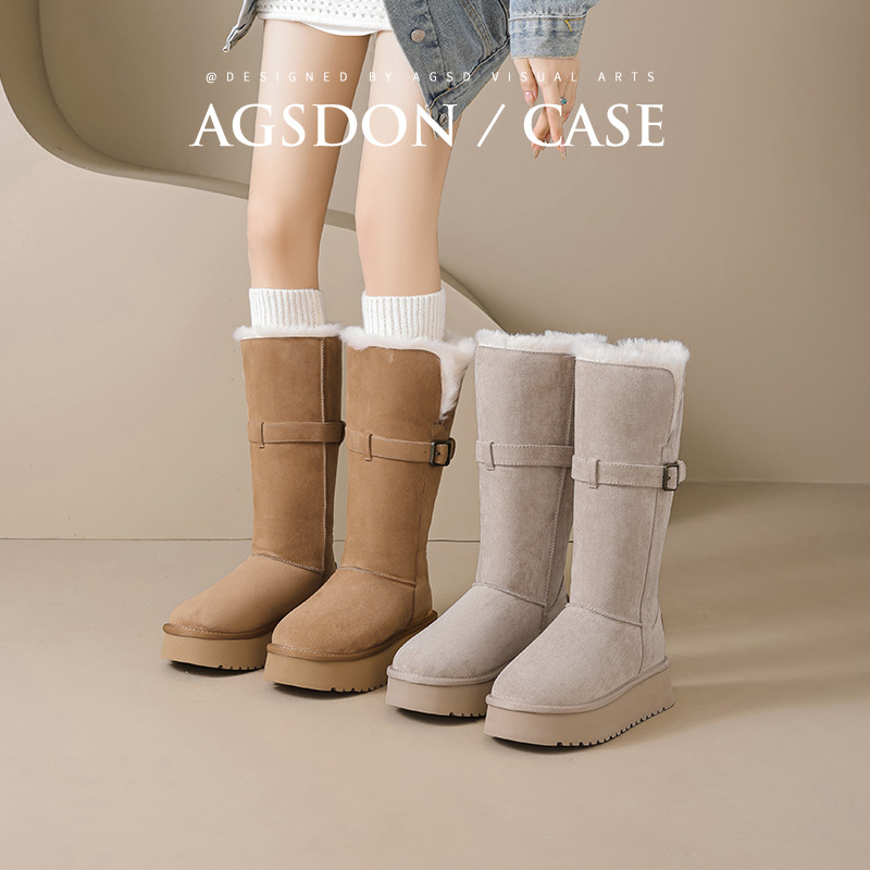 奥古狮登长筒雪地靴子女冬季翻折两穿中筒厚底毛毛高筒棉鞋子保暖
