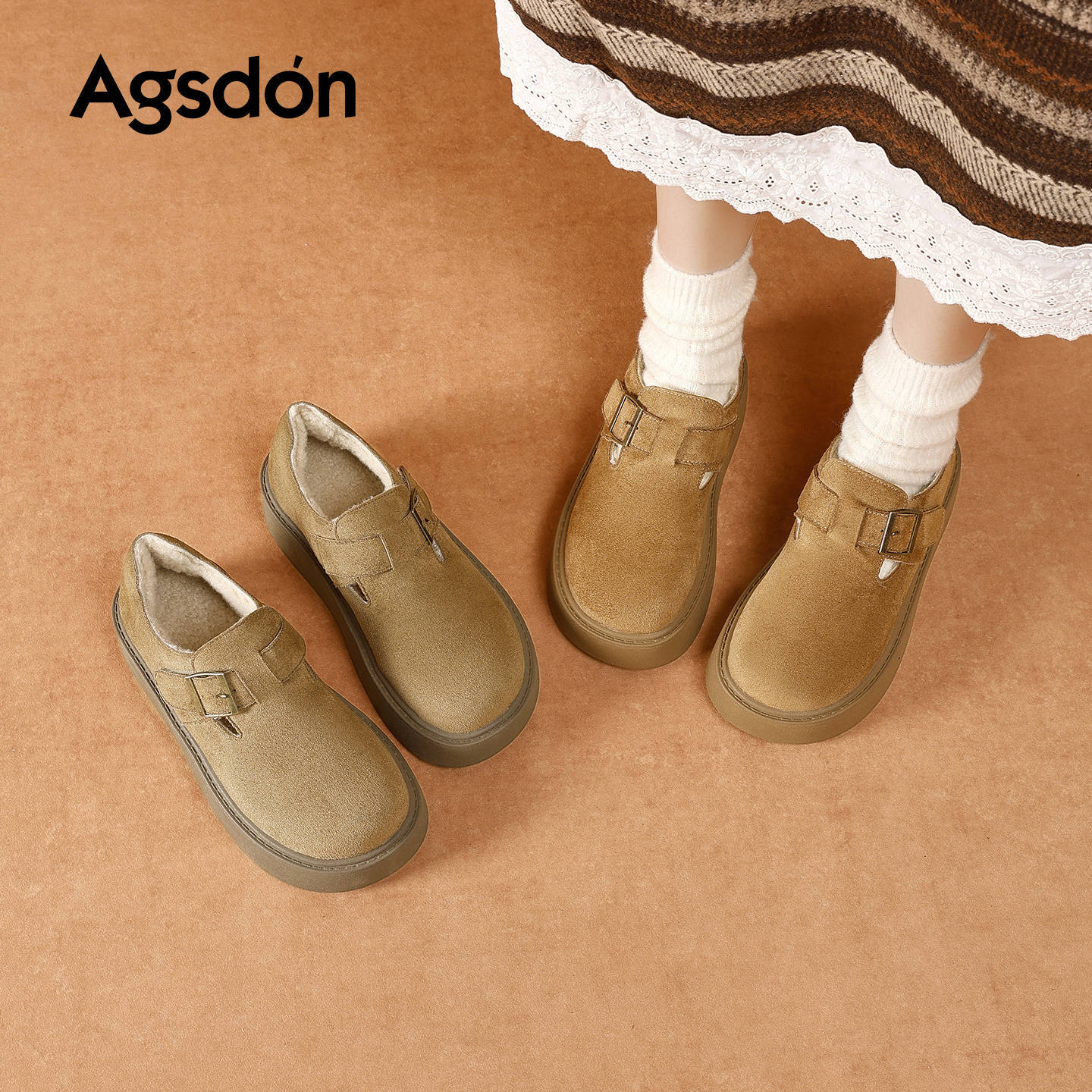 奥古狮登加绒勃肯鞋女2025新款冬季棉鞋厚底休闲一脚蹬毛绒雪地靴