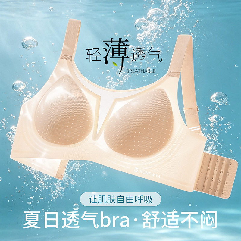 粉底液内衣女夏薄款大胸显小聚拢收副乳防下垂无痕抹胸式透气文胸