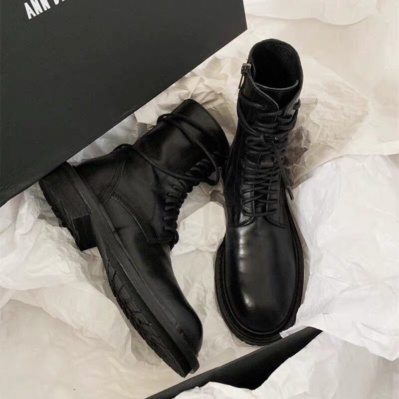 ann马丁靴女2020秋季新款网红ins绑带罗马瘦瘦靴黑色帅气粗跟短靴