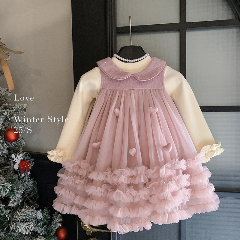 女童连衣裙套装冬款2025加绒打底无袖加绒爱心连衣裙两件套