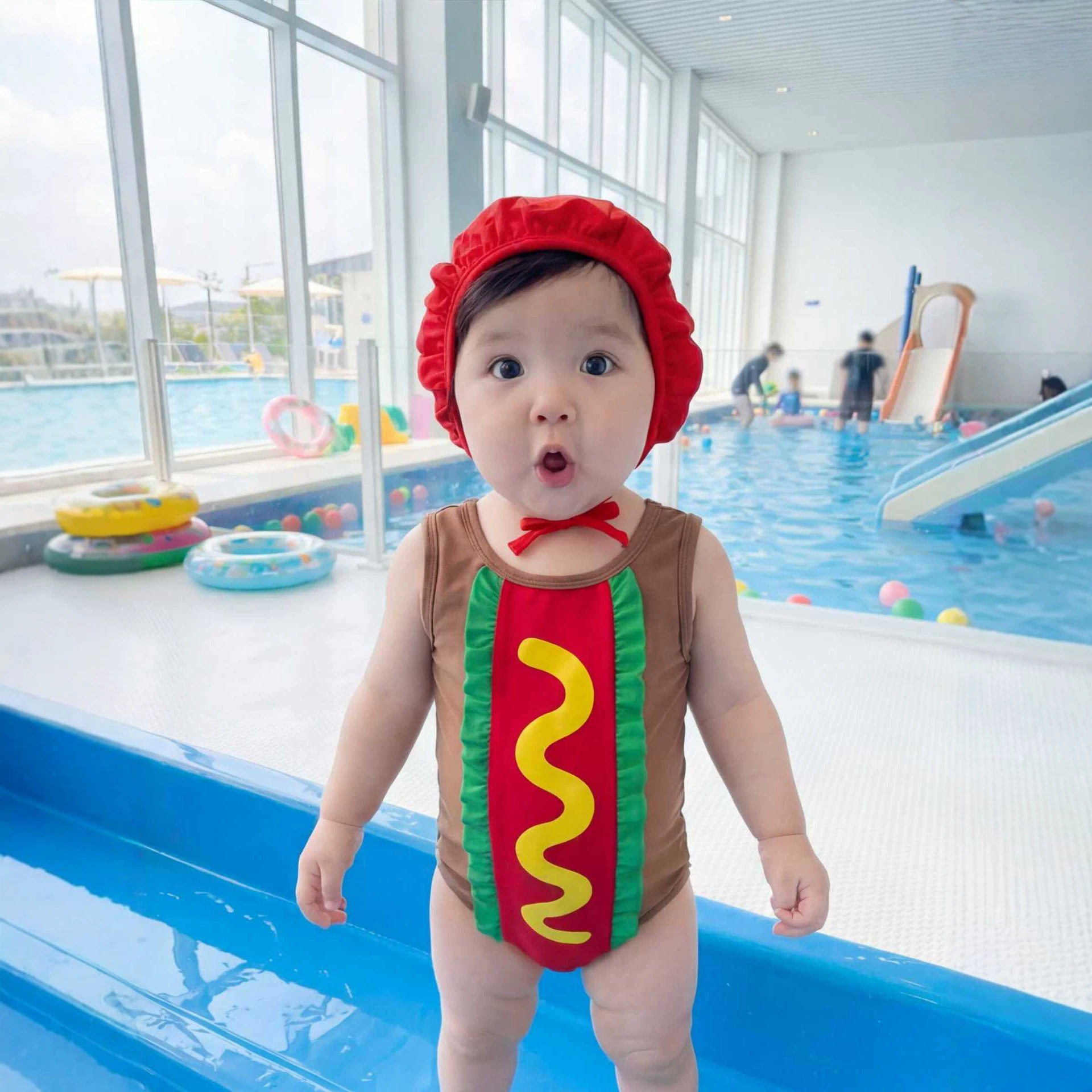 26夏季韩版婴儿连体游泳衣套装ins款可热狗条造型游泳速干两件套