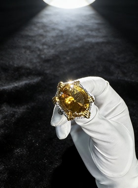 【浓郁复古黄水晶】精品厚银镶嵌天然黄水晶戒指复古时尚大气